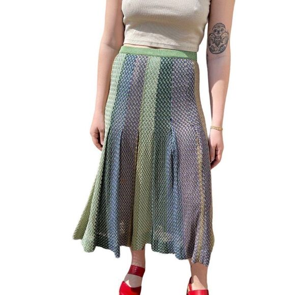 Vintage 1970s Womens Pleated Knit Sheer Midi Length High Waisted Boho Skirt Sz M - Picture 2 of 6
